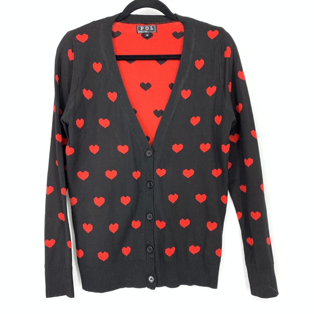 POL Heart Print Womens V-Neck Cardigan Sweater Size M Black Red Knit